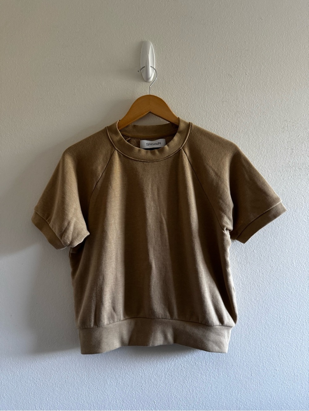 SPRWMN Raglan Tan Cropped Short Sleeve Sweatshirt size Small - Picture 4 of 9